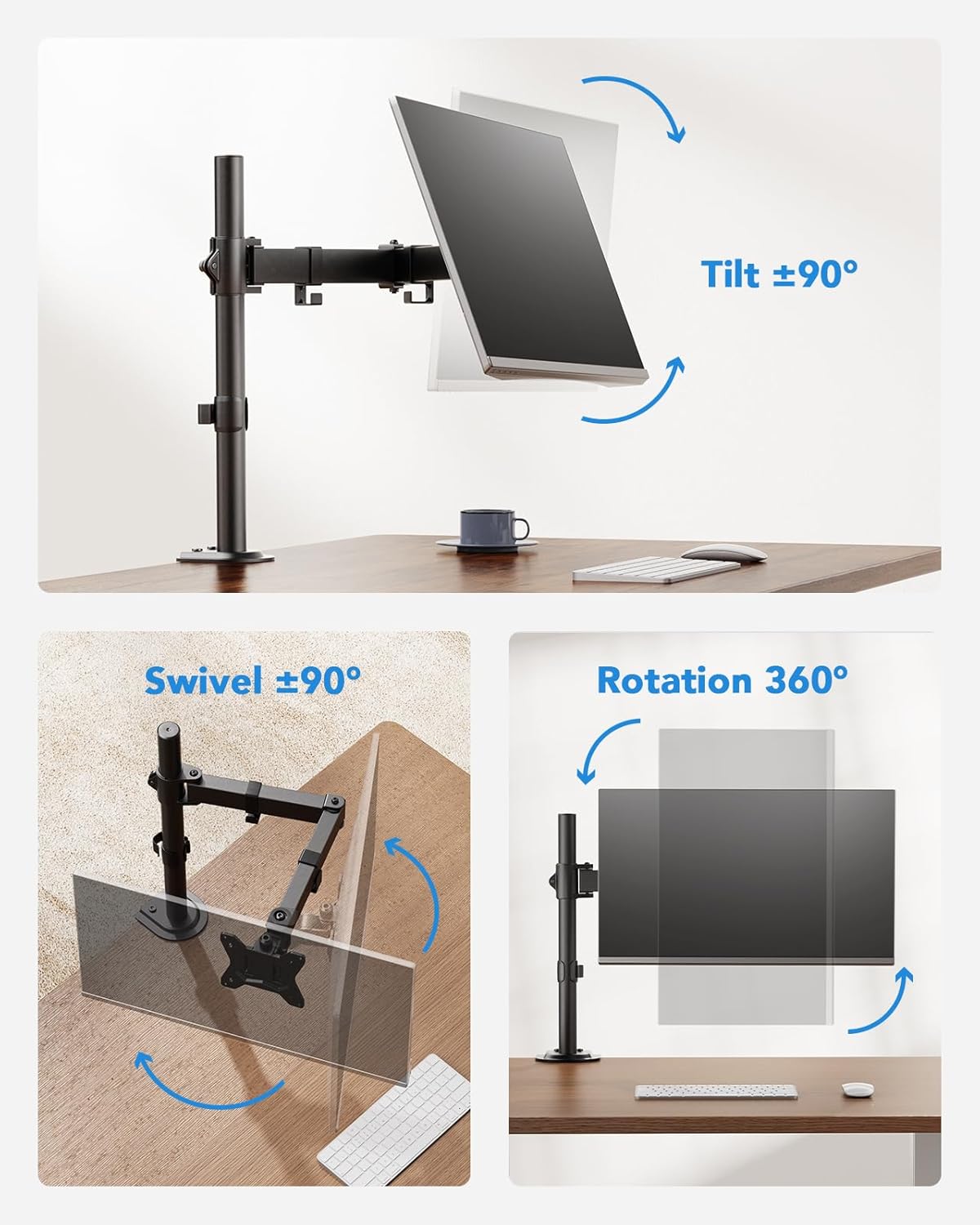 HUANUO Single Monitor Mount, Monitor Arm for 13”-32” Monitors up to 17.6 lbs, Adjustable Stand with 16” Max Height, Desk Mount with C-Clamp and Grommet Base, VESA 75x75mm or 100x100mm -