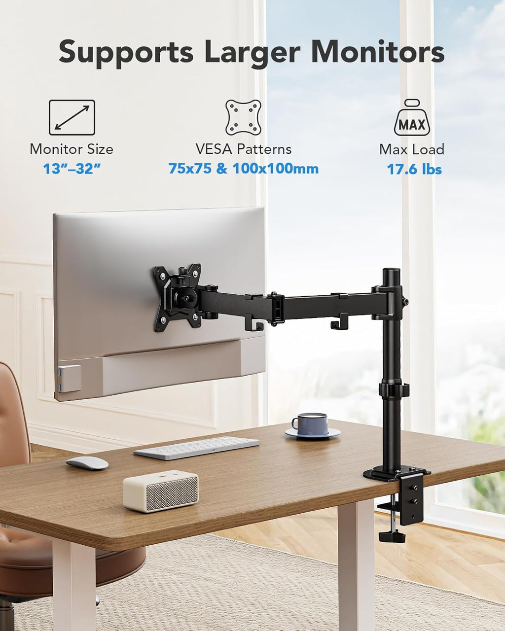 HUANUO Single Monitor Mount, Monitor Arm for 13”-32” Monitors up to 17.6 lbs, Adjustable Stand with 16” Max Height, Desk Mount with C-Clamp and Grommet Base, VESA 75x75mm or 100x100mm -