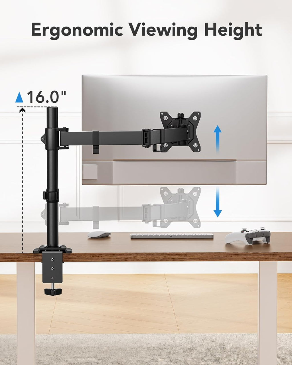 HUANUO Single Monitor Mount, Monitor Arm for 13”-32” Monitors up to 17.6 lbs, Adjustable Stand with 16” Max Height, Desk Mount with C-Clamp and Grommet Base, VESA 75x75mm or 100x100mm -