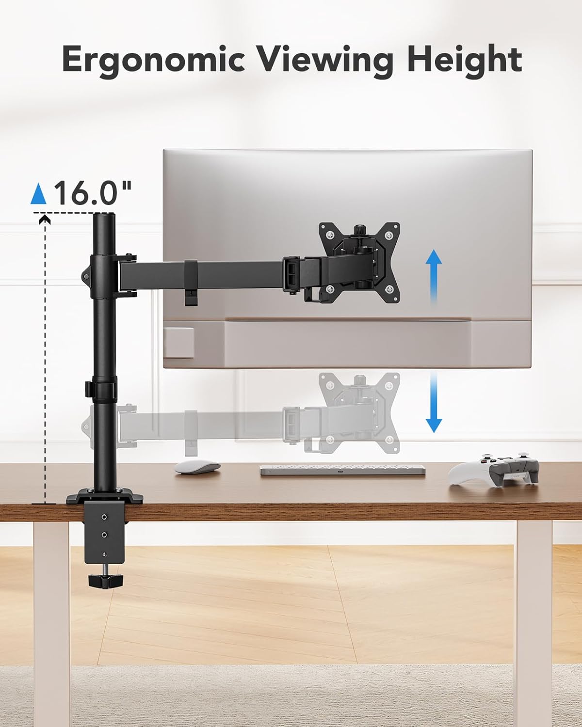 HUANUO Single Monitor Mount, Monitor Arm for 13”-32” Monitors up to 17.6 lbs, Adjustable Stand with 16” Max Height, Desk Mount with C-Clamp and Grommet Base, VESA 75x75mm or 100x100mm -