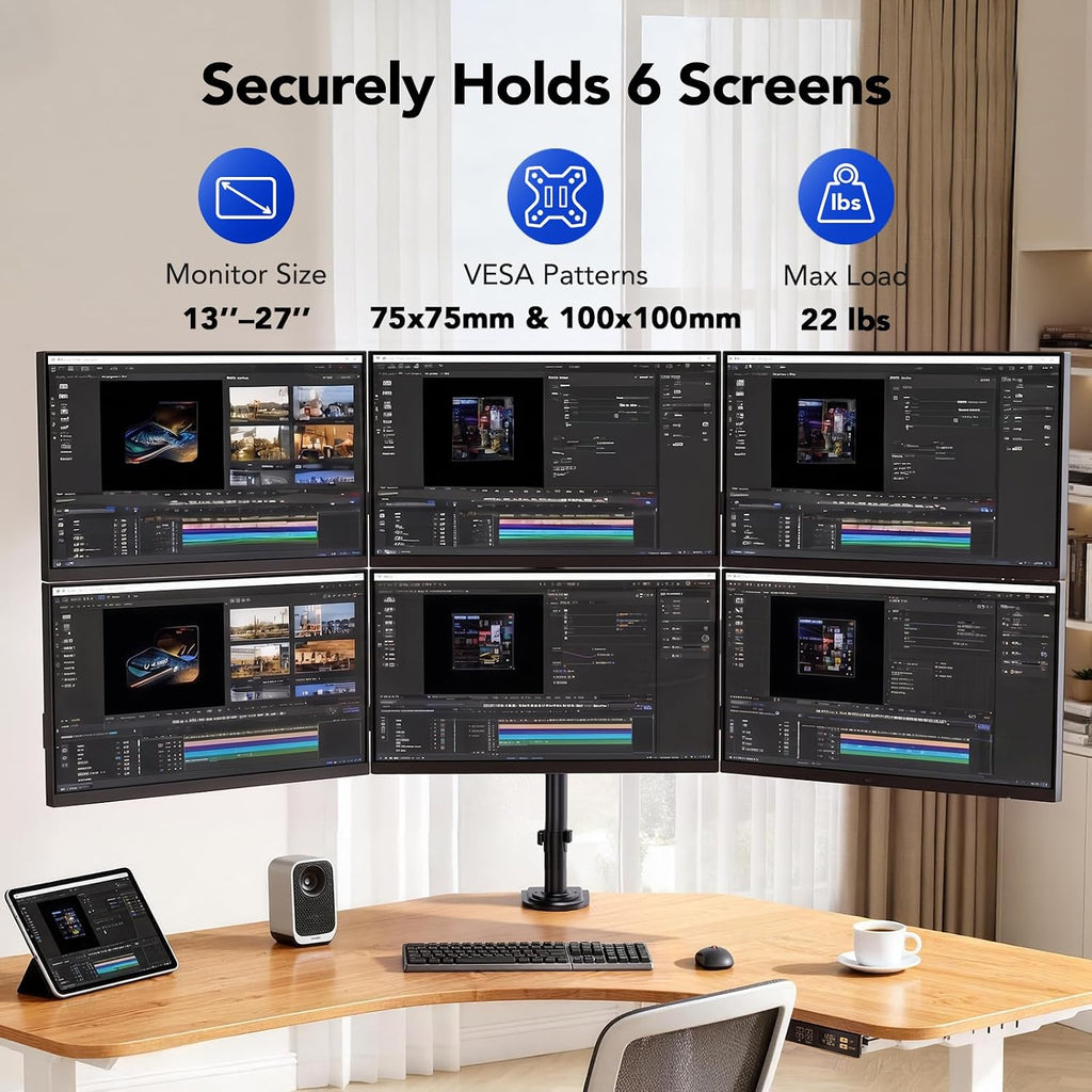HUANUO Six Monitor Mount for 13–27 Inch Screens, Hex Monitor Stand with 33.8″ Taller Height Range, Fully Adjustable Heavy Duty Articulating Computer Stand, Holds up to 22 lbs, VESA 75x75/100x100mm -