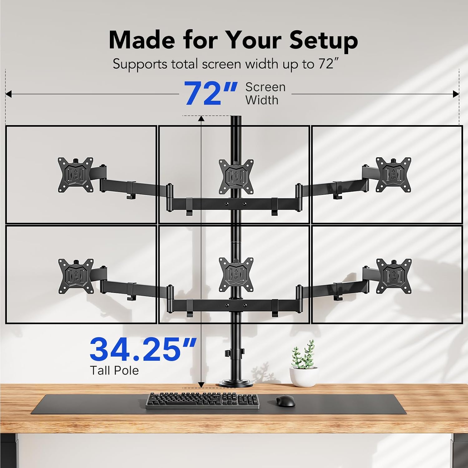 HUANUO Six Monitor Mount for 13–27 Inch Screens, Hex Monitor Stand with 33.8″ Taller Height Range, Fully Adjustable Heavy Duty Articulating Computer Stand, Holds up to 22 lbs, VESA 75x75/100x100mm -