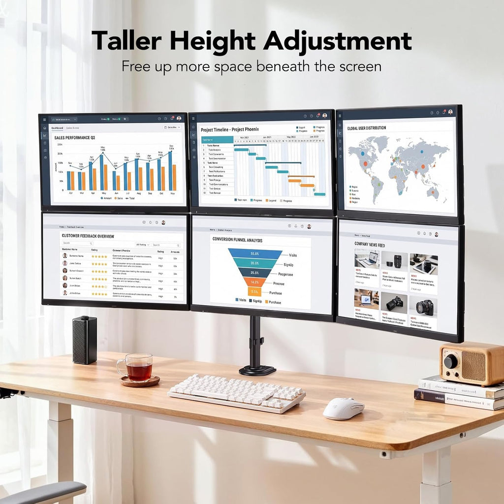 HUANUO Six Monitor Mount for 13–27 Inch Screens, Hex Monitor Stand with 33.8″ Taller Height Range, Fully Adjustable Heavy Duty Articulating Computer Stand, Holds up to 22 lbs, VESA 75x75/100x100mm -