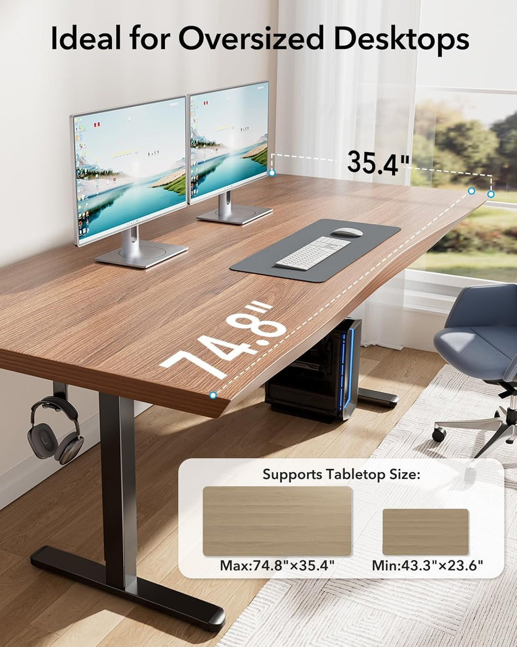HUANUO Standing Desk Frame with 220lbs Powerful Brushless Motor, Thick T-Shaped Adjustable Desk Legs Made of Automotive-Grade Steel, for Max 75″ x 35″ Desktop, for Home Office, Black Frame Only - Black