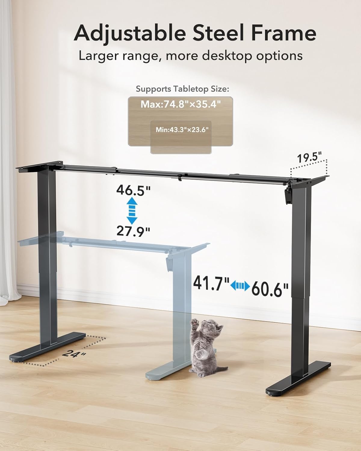 HUANUO Standing Desk Frame with 220lbs Powerful Brushless Motor, Thick T-Shaped Adjustable Desk Legs Made of Automotive-Grade Steel, for Max 75″ x 35″ Desktop, for Home Office, Black Frame Only - Black