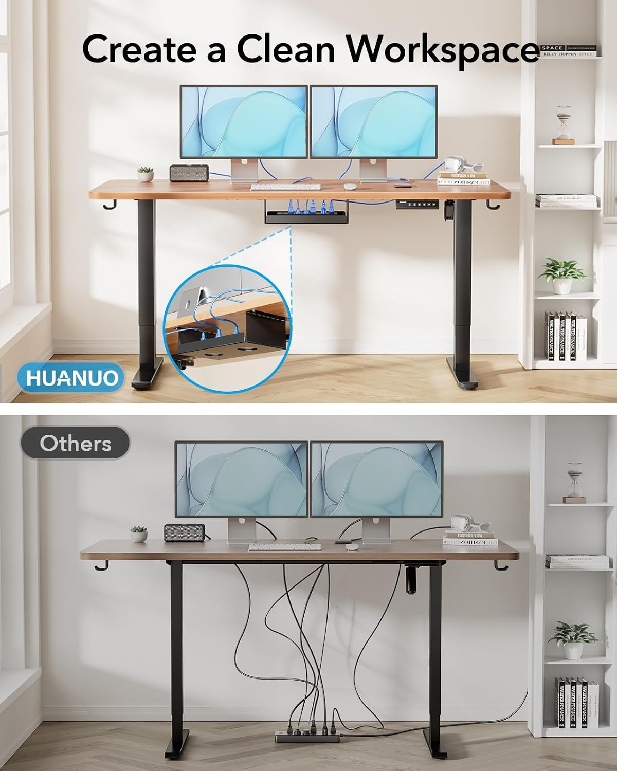 HUANUO Standing Desk Frame with 220lbs Powerful Brushless Motor, Thick T-Shaped Adjustable Desk Legs Made of Automotive-Grade Steel, for Max 75″ x 35″ Desktop, for Home Office, Black Frame Only - Black