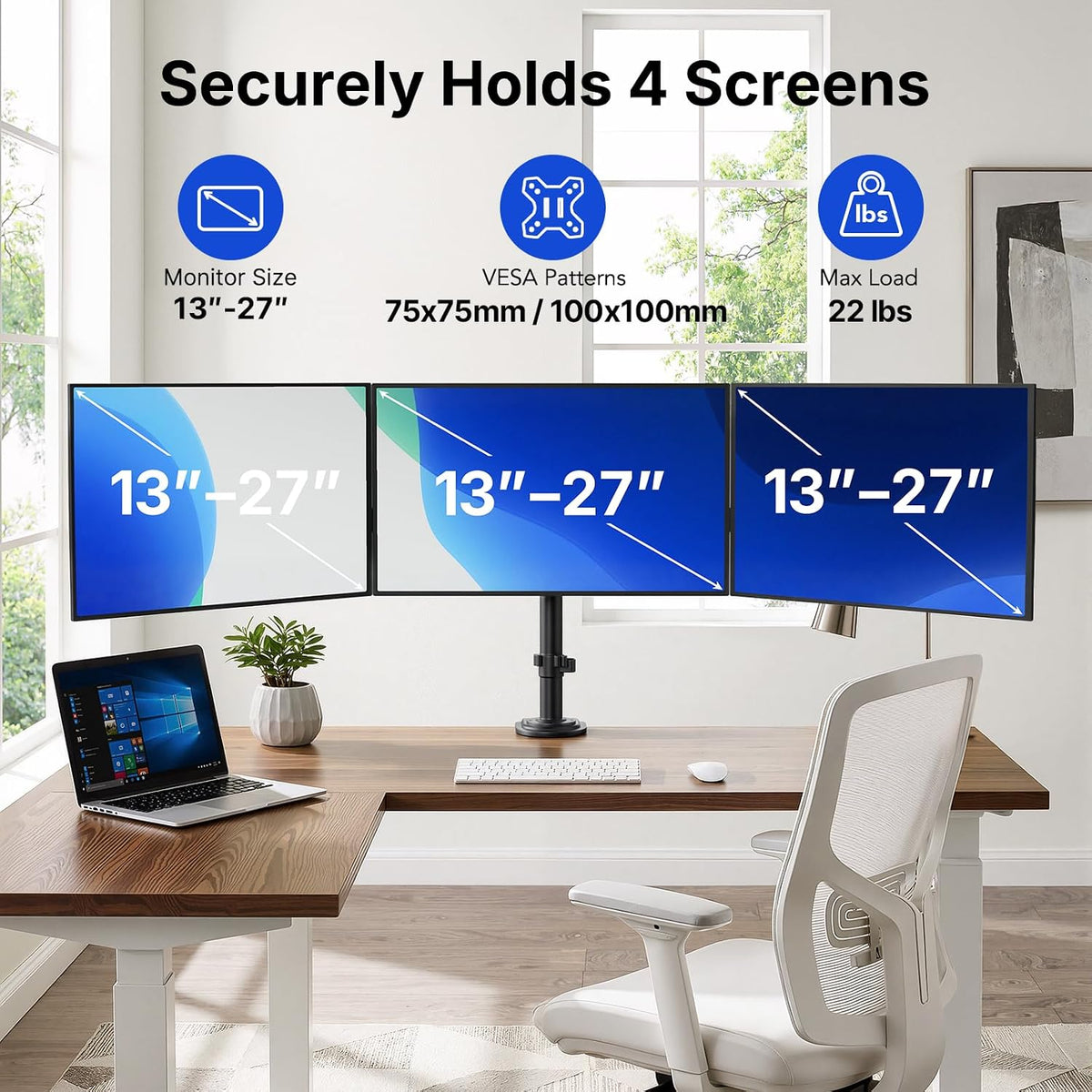 HUANUO Triple Monitor Mount for 13-27 Inch Screens | 55% Larger Base, Thicker Steel, Tilt, Swivel, Rotation, Holds up to 22 lbs, VESA 75x75/ 100x100mm, C-Clamp and Grommet Base -