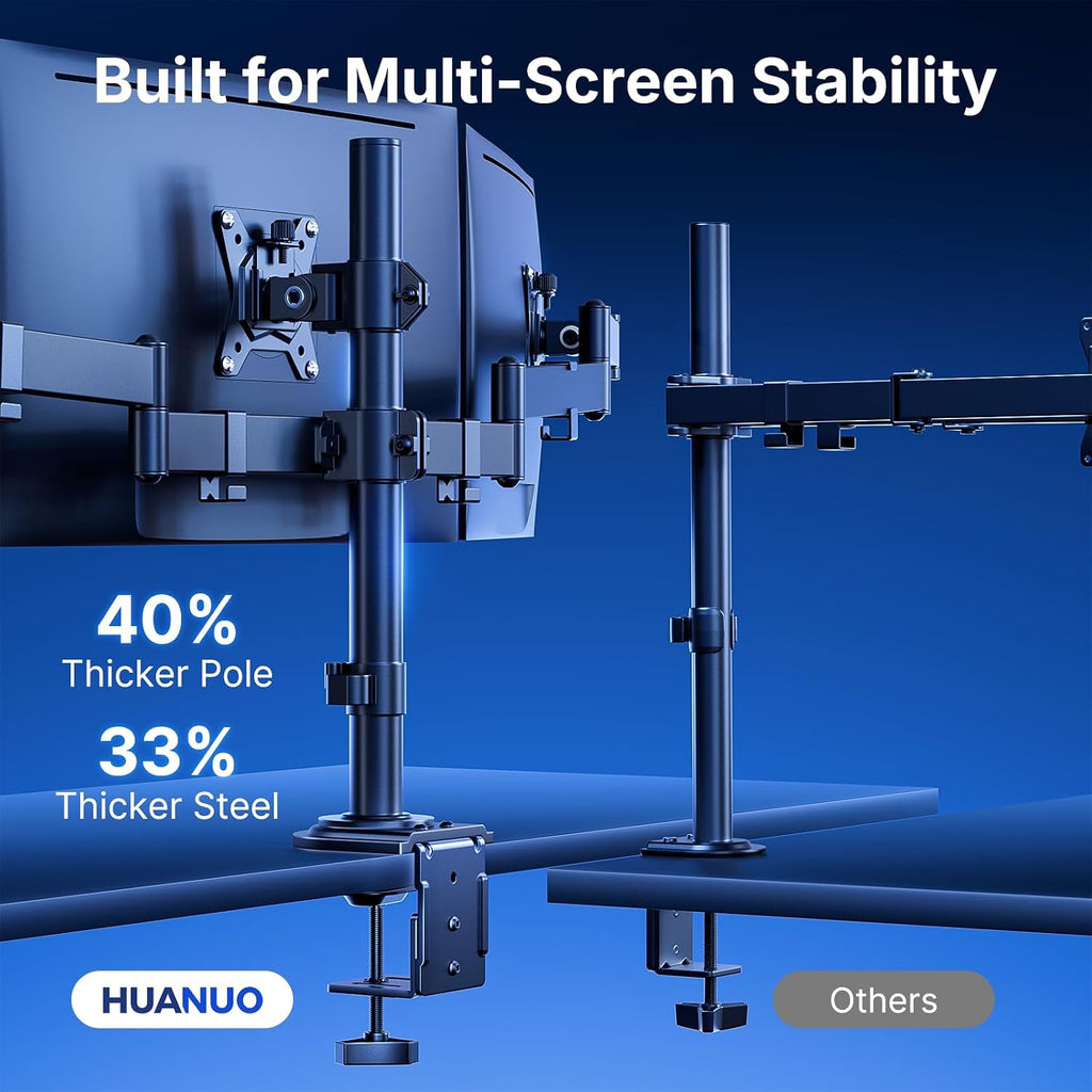 HUANUO Triple Monitor Mount for 13-27 Inch Screens | 55% Larger Base, Thicker Steel, Tilt, Swivel, Rotation, Holds up to 22 lbs, VESA 75x75/ 100x100mm, C-Clamp and Grommet Base -