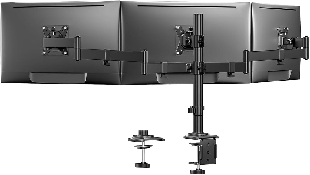 HUANUO Triple Monitor Mount for 13-27 Inch Screens | 55% Larger Base, Thicker Steel, Tilt, Swivel, Rotation, Holds up to 22 lbs, VESA 75x75/ 100x100mm, C-Clamp and Grommet Base -