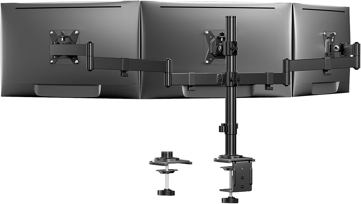 HUANUO Triple Monitor Mount for 13-27 Inch Screens | 55% Larger Base, Thicker Steel, Tilt, Swivel, Rotation, Holds up to 22 lbs, VESA 75x75/ 100x100mm, C-Clamp and Grommet Base -