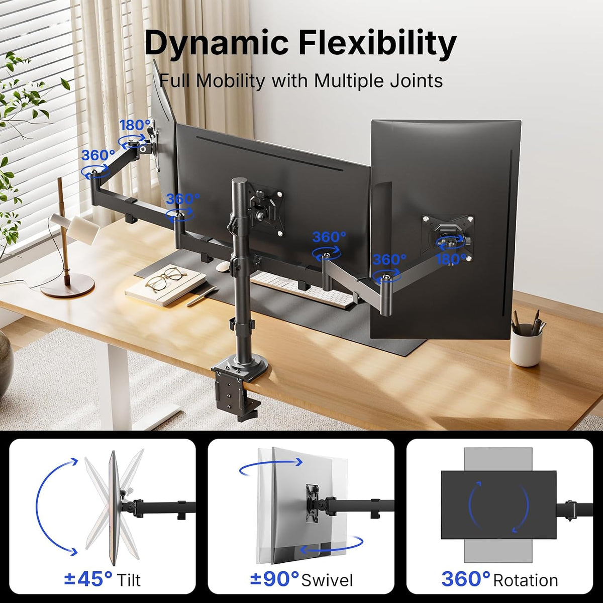HUANUO Triple Monitor Mount for 13-27 Inch Screens | 55% Larger Base, Thicker Steel, Tilt, Swivel, Rotation, Holds up to 22 lbs, VESA 75x75/ 100x100mm, C-Clamp and Grommet Base -