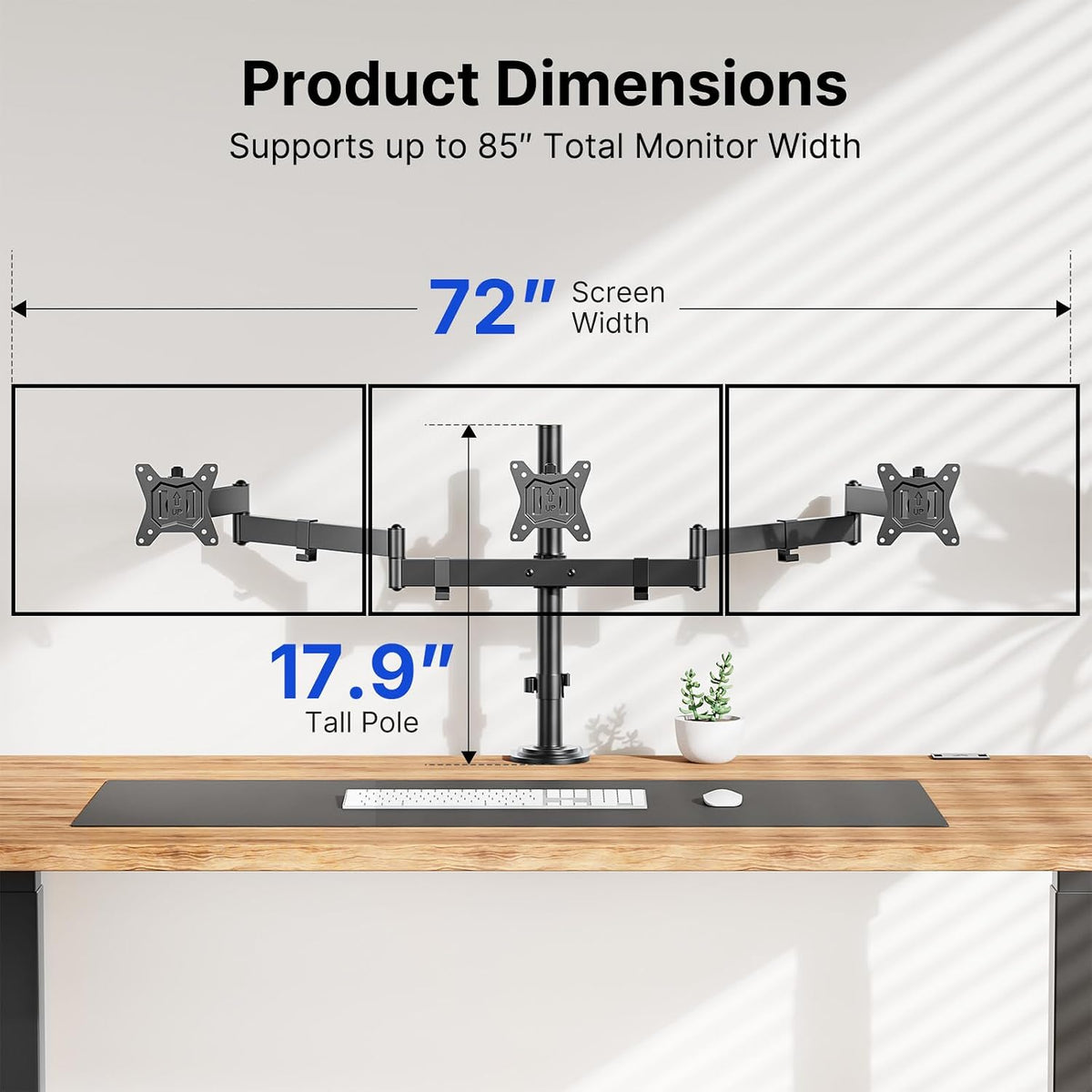 HUANUO Triple Monitor Mount for 13-27 Inch Screens | 55% Larger Base, Thicker Steel, Tilt, Swivel, Rotation, Holds up to 22 lbs, VESA 75x75/ 100x100mm, C-Clamp and Grommet Base -