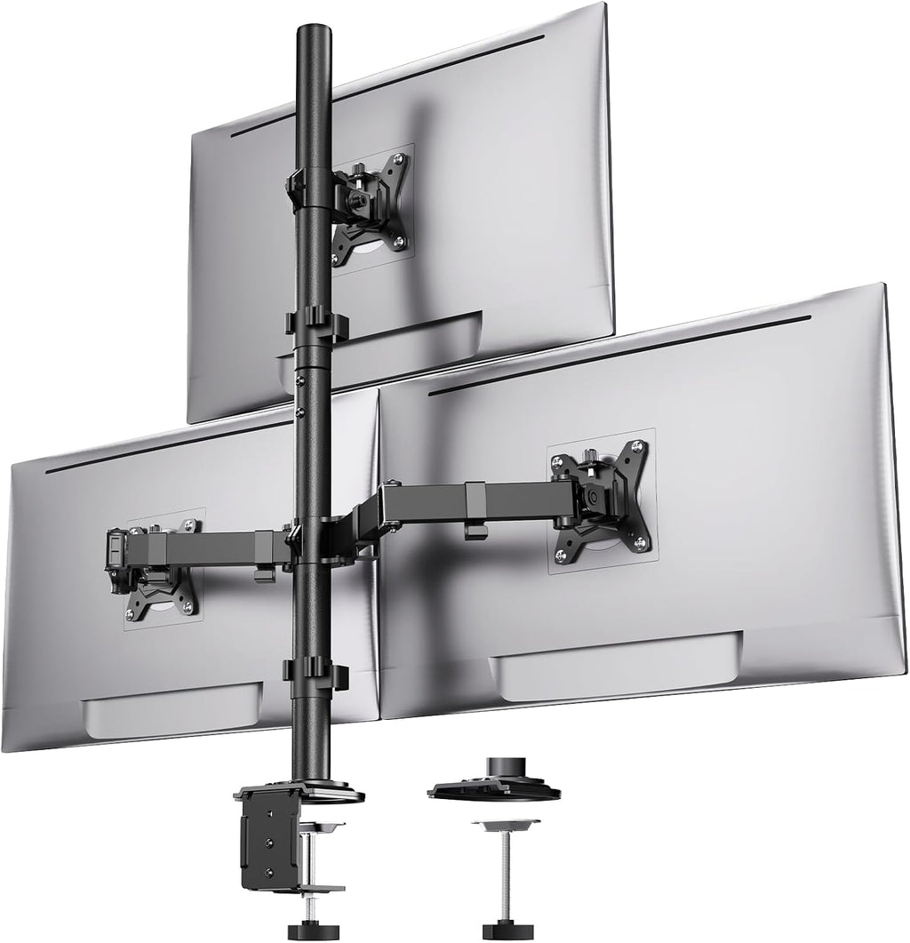 HUANUO Triple Monitor Mount for 13-32 Inch Monitors, Holds 22 lbs per Arm | Larger Base, 3-Screen Layout, VESA 75x75/100x100mm, Stacked Layout, Tilt Swivel Rotation, Cable Management, Saves Desk Space -