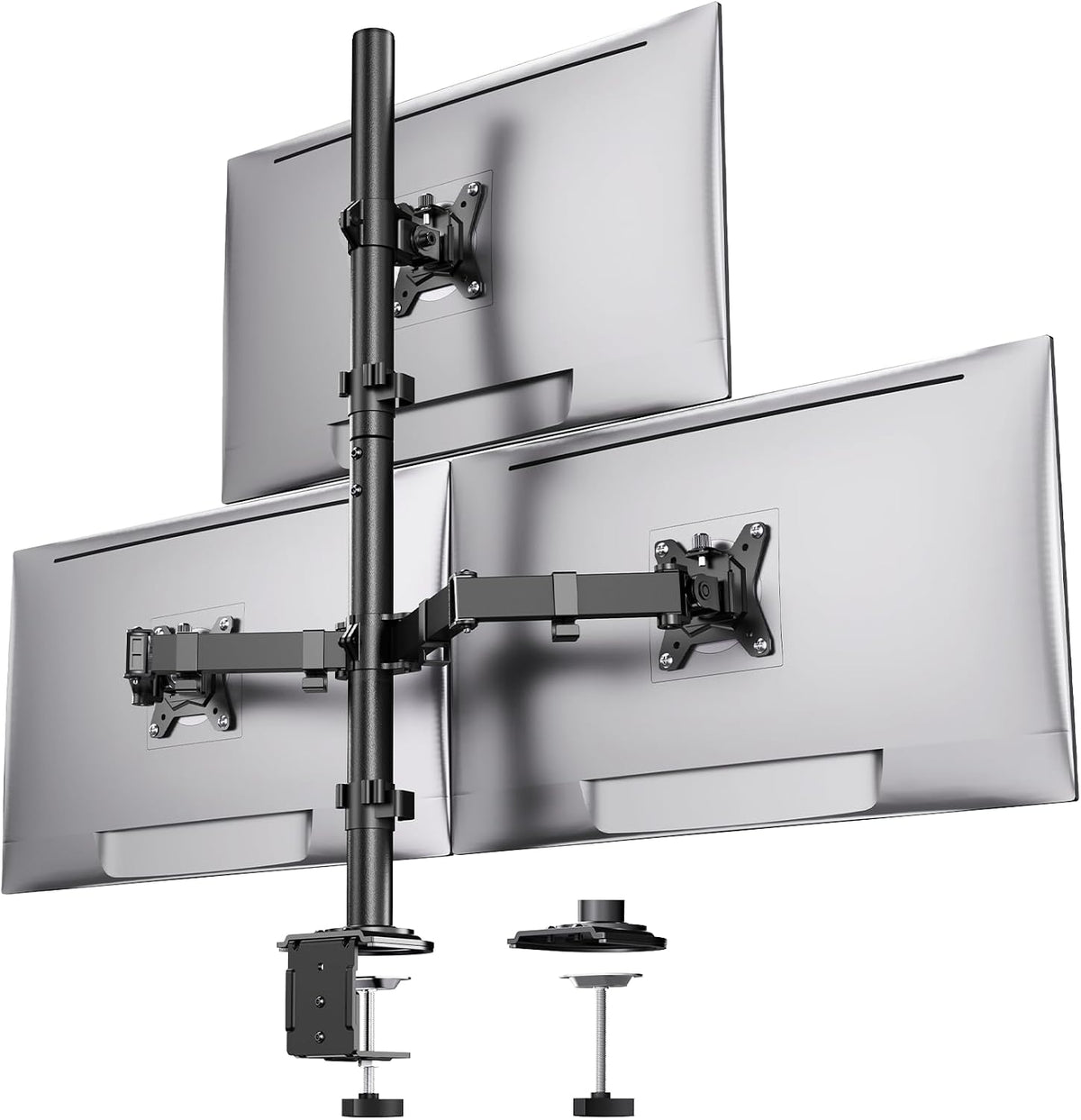 HUANUO Triple Monitor Mount for 13-32 Inch Monitors, Holds 22 lbs per Arm | Larger Base, 3-Screen Layout, VESA 75x75/100x100mm, Stacked Layout, Tilt Swivel Rotation, Cable Management, Saves Desk Space -