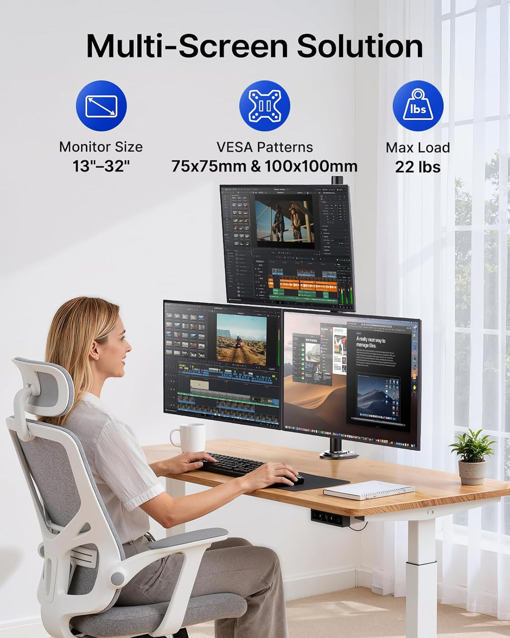 HUANUO Triple Monitor Mount for 13-32 Inch Monitors, Holds 22 lbs per Arm | Larger Base, 3-Screen Layout, VESA 75x75/100x100mm, Stacked Layout, Tilt Swivel Rotation, Cable Management, Saves Desk Space -