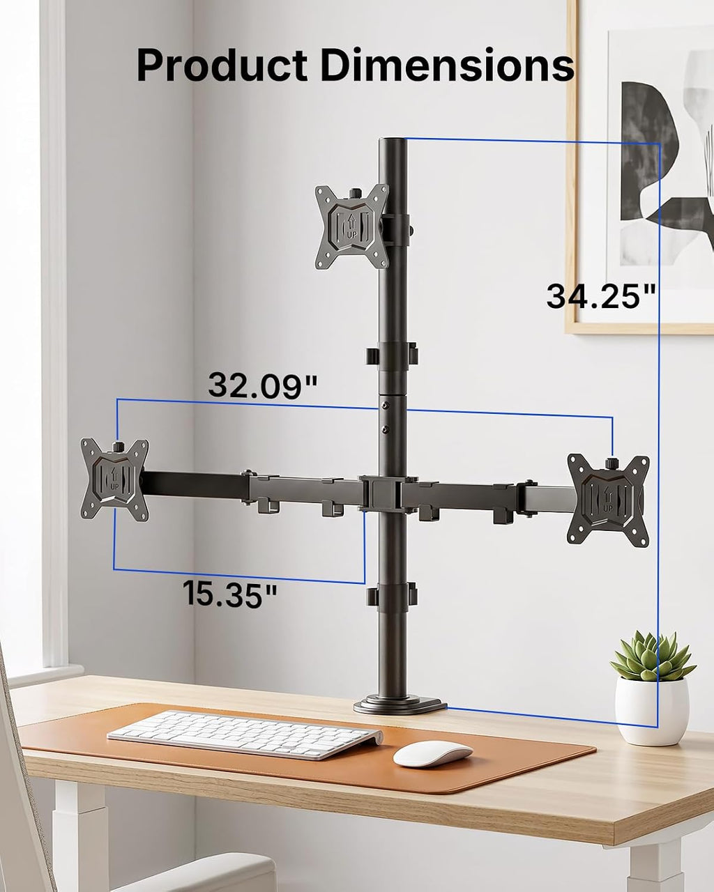 HUANUO Triple Monitor Mount for 13-32 Inch Monitors, Holds 22 lbs per Arm | Larger Base, 3-Screen Layout, VESA 75x75/100x100mm, Stacked Layout, Tilt Swivel Rotation, Cable Management, Saves Desk Space -