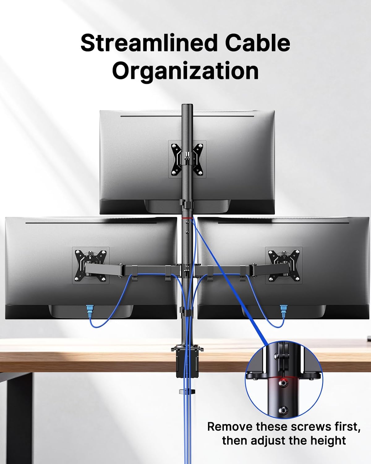 HUANUO Triple Monitor Mount for 13-32 Inch Monitors, Holds 22 lbs per Arm | Larger Base, 3-Screen Layout, VESA 75x75/100x100mm, Stacked Layout, Tilt Swivel Rotation, Cable Management, Saves Desk Space -