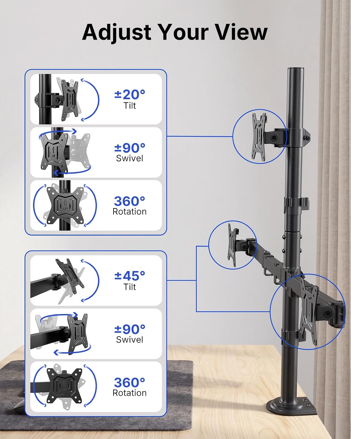 HUANUO Triple Monitor Mount for 13-32 Inch Monitors, Holds 22 lbs per Arm | Larger Base, 3-Screen Layout, VESA 75x75/100x100mm, Stacked Layout, Tilt Swivel Rotation, Cable Management, Saves Desk Space -
