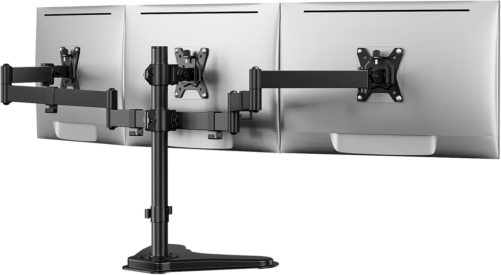 HUANUO Triple Monitor Stand for 13-27 Inch Screens, 3 Monitor Mount | Free Standing & Grommet Base, 40% Thicker Pole, Larger Base, Tilt, Swivel, Rotation, Holds up to 22 lbs, VESA 75x75/100x100mm -