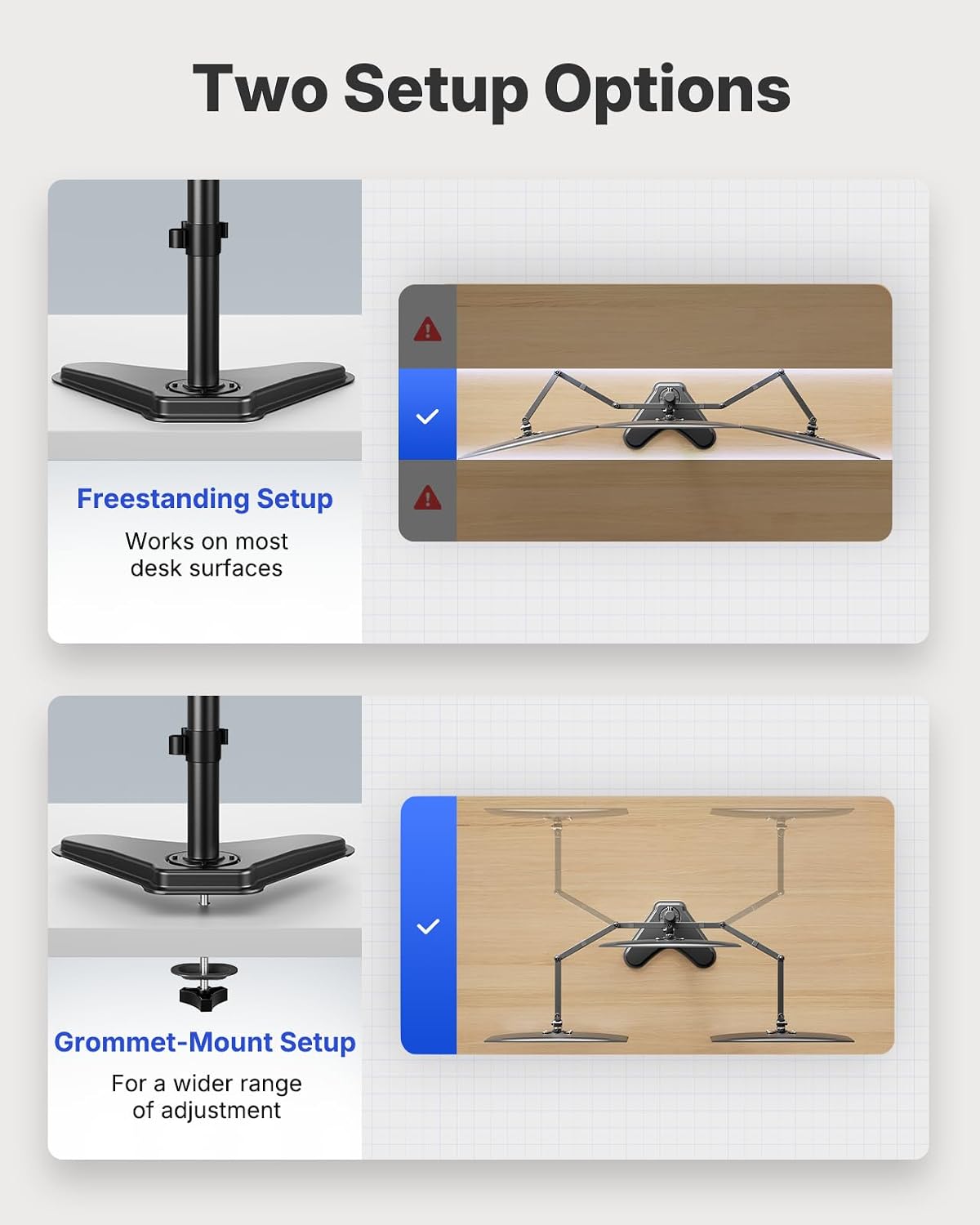 HUANUO Triple Monitor Stand for 13-27 Inch Screens, 3 Monitor Mount | Free Standing & Grommet Base, 40% Thicker Pole, Larger Base, Tilt, Swivel, Rotation, Holds up to 22 lbs, VESA 75x75/100x100mm -