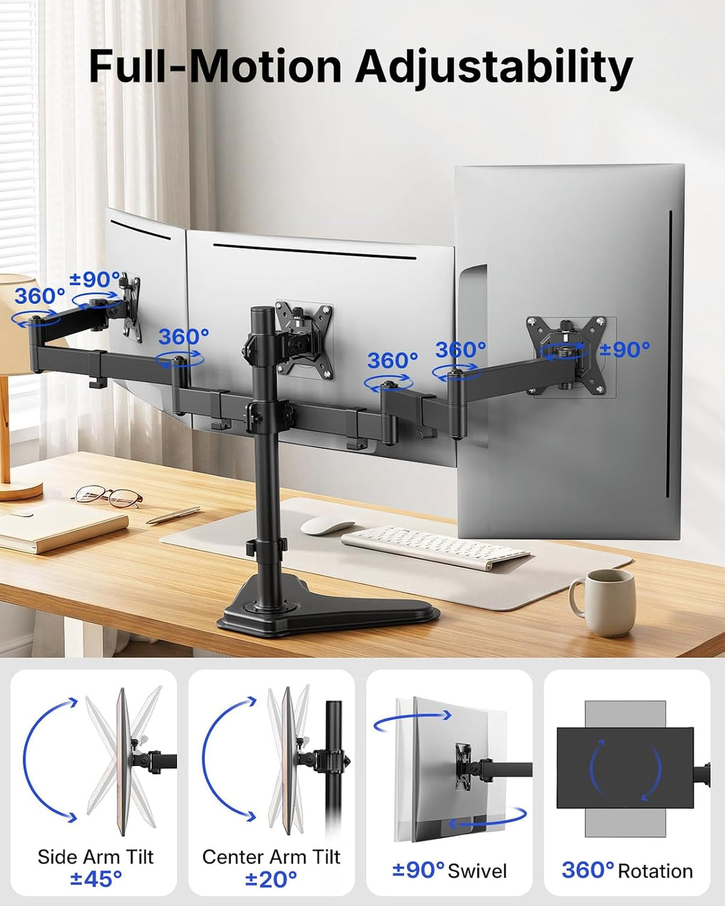 HUANUO Triple Monitor Stand for 13-27 Inch Screens, 3 Monitor Mount | Free Standing & Grommet Base, 40% Thicker Pole, Larger Base, Tilt, Swivel, Rotation, Holds up to 22 lbs, VESA 75x75/100x100mm -