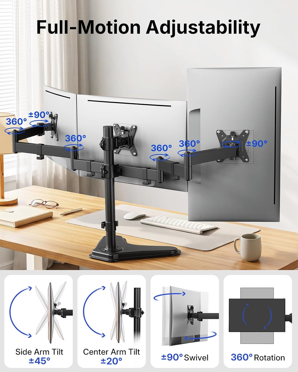 HUANUO Triple Monitor Stand for 13-27 Inch Screens, 3 Monitor Mount | Free Standing & Grommet Base, 40% Thicker Pole, Larger Base, Tilt, Swivel, Rotation, Holds up to 22 lbs, VESA 75x75/100x100mm -
