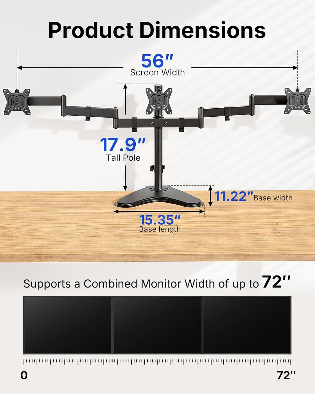 HUANUO Triple Monitor Stand for 13-27 Inch Screens, 3 Monitor Mount | Free Standing & Grommet Base, 40% Thicker Pole, Larger Base, Tilt, Swivel, Rotation, Holds up to 22 lbs, VESA 75x75/100x100mm -