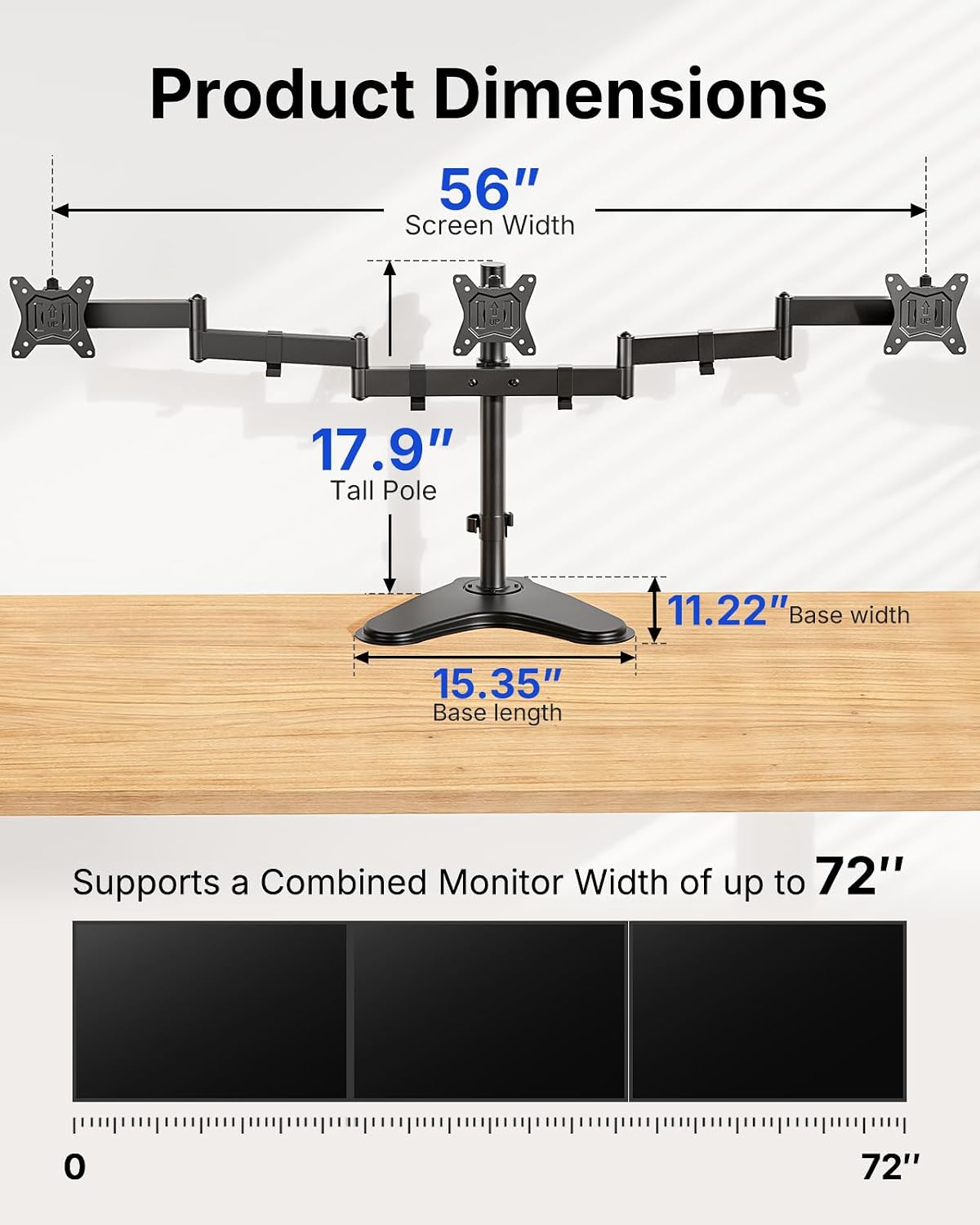HUANUO Triple Monitor Stand for 13-27 Inch Screens, 3 Monitor Mount | Free Standing & Grommet Base, 40% Thicker Pole, Larger Base, Tilt, Swivel, Rotation, Holds up to 22 lbs, VESA 75x75/100x100mm -