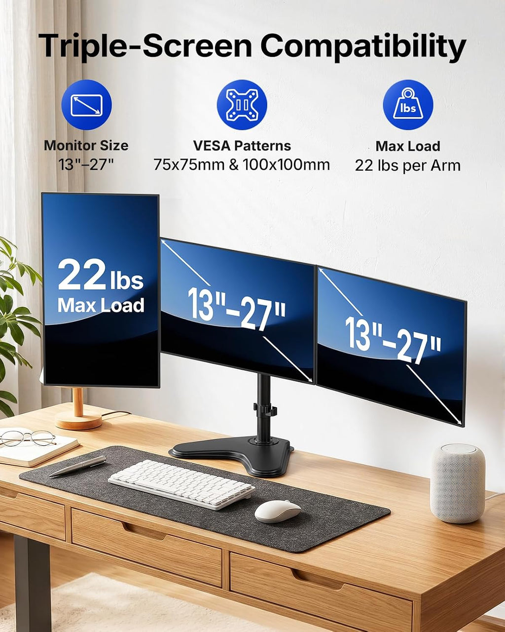 HUANUO Triple Monitor Stand for 13-27 Inch Screens, 3 Monitor Mount | Free Standing & Grommet Base, 40% Thicker Pole, Larger Base, Tilt, Swivel, Rotation, Holds up to 22 lbs, VESA 75x75/100x100mm -
