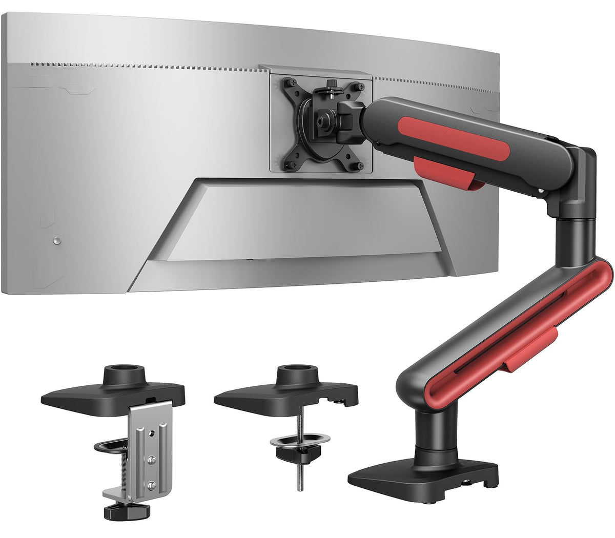 HUANUO Ultrawide Monitor Arm for 13 – 40" Screens, Single Monitor Mount Holds up to 26.4lbs, Adjustable Monitor Stand with C-Clamp & Grommet Base, VESA Mount 75x75mm/100x100mm - red and black