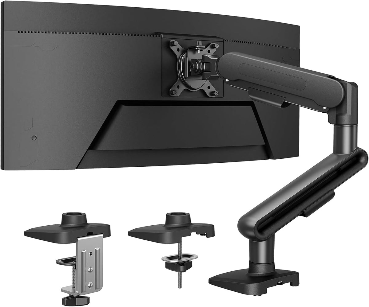 HUANUO Ultrawide Monitor Arm for 13 – 40" Screens, Single Monitor Mount Holds up to 26.4lbs, Adjustable Monitor Stand with C-Clamp & Grommet Base, VESA Mount 75x75mm/100x100mm - red and white