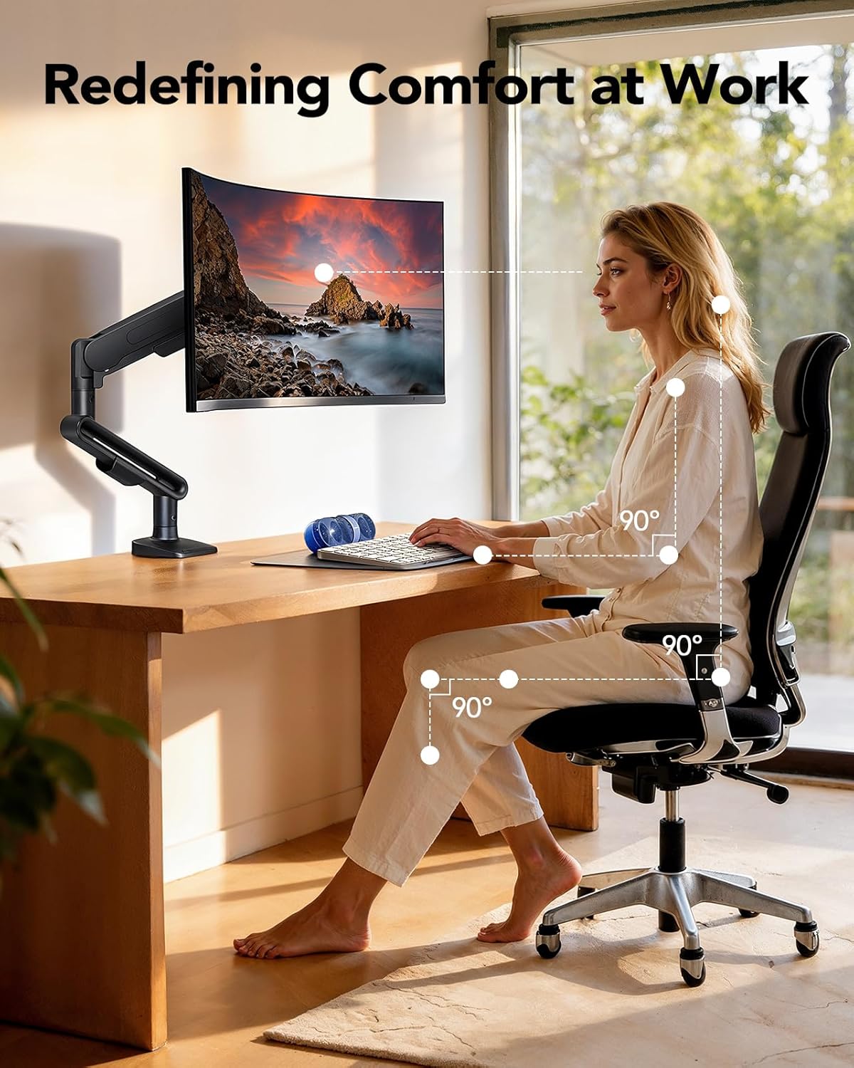 HUANUO Ultrawide Monitor Arm for 13 – 40" Screens, Single Monitor Mount Holds up to 26.4lbs, Adjustable Monitor Stand with C-Clamp & Grommet Base, VESA Mount 75x75mm/100x100mm - red and white