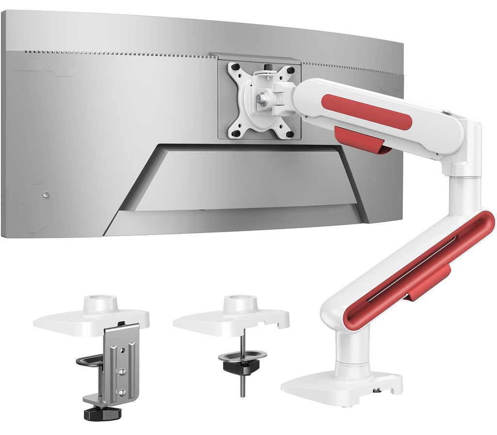 HUANUO Ultrawide Monitor Arm for 13 – 40" Screens, Single Monitor Mount Holds up to 26.4lbs, Adjustable Monitor Stand with C-Clamp & Grommet Base, VESA Mount 75x75mm/100x100mm - red and white