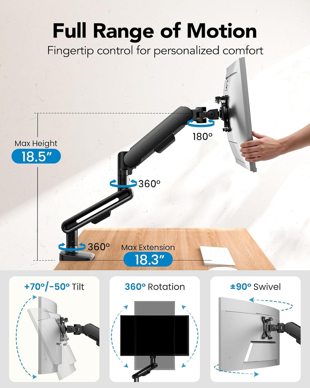 HUANUO Ultrawide Monitor Arm for 13 – 40" Screens, Single Monitor Mount Holds up to 26.4lbs, Adjustable Monitor Stand with C-Clamp & Grommet Base, VESA Mount 75x75mm/100x100mm - red and white