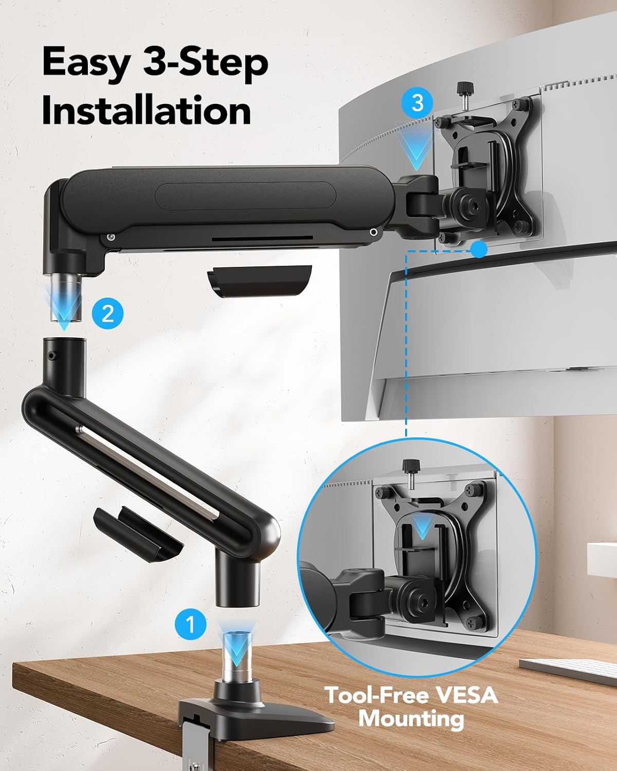 HUANUO Ultrawide Monitor Arm for 13 – 40" Screens, Single Monitor Mount Holds up to 26.4lbs, Adjustable Monitor Stand with C-Clamp & Grommet Base, VESA Mount 75x75mm/100x100mm - red and white