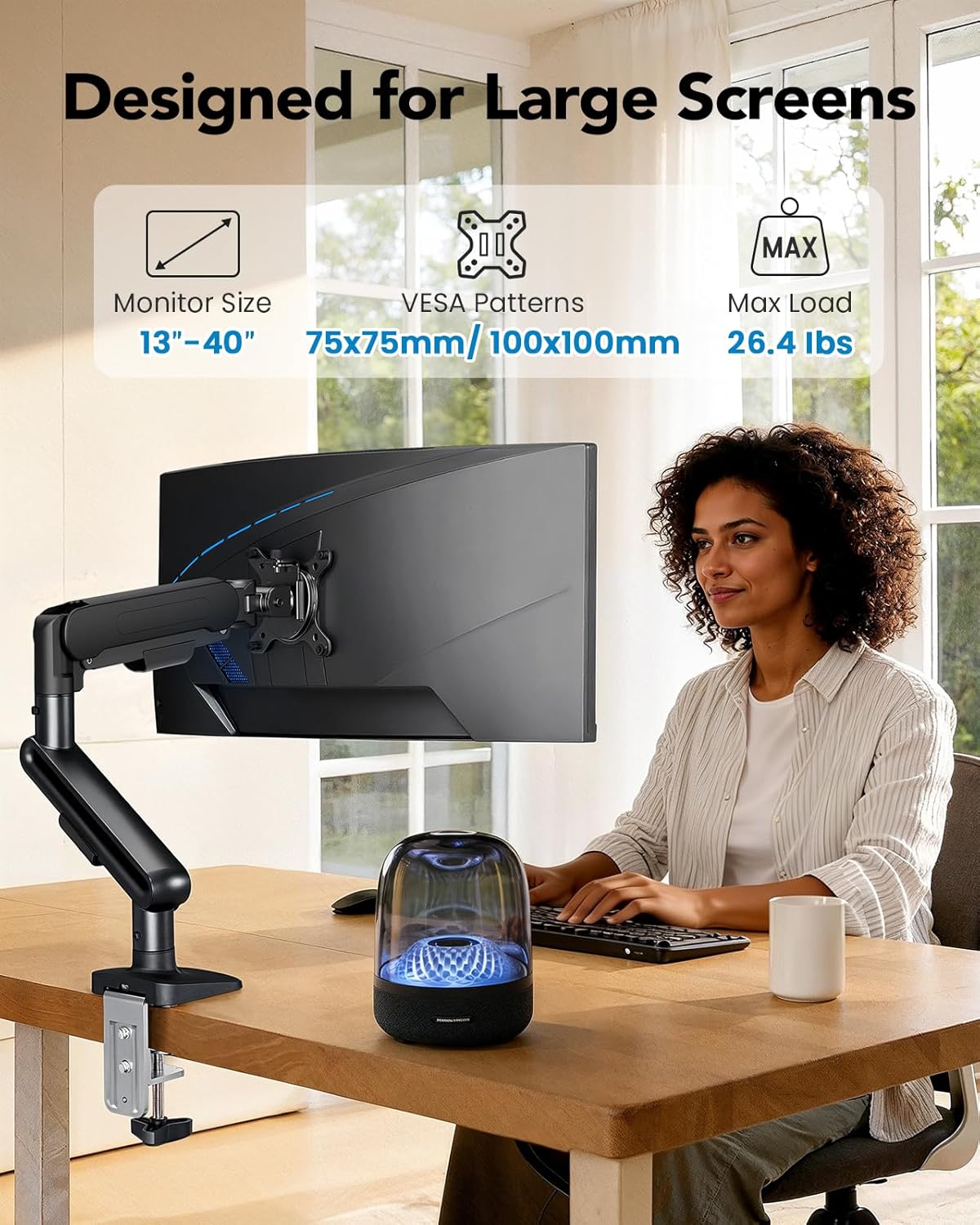 HUANUO Ultrawide Monitor Arm for 13 – 40" Screens, Single Monitor Mount Holds up to 26.4lbs, Adjustable Monitor Stand with C-Clamp & Grommet Base, VESA Mount 75x75mm/100x100mm - red and white