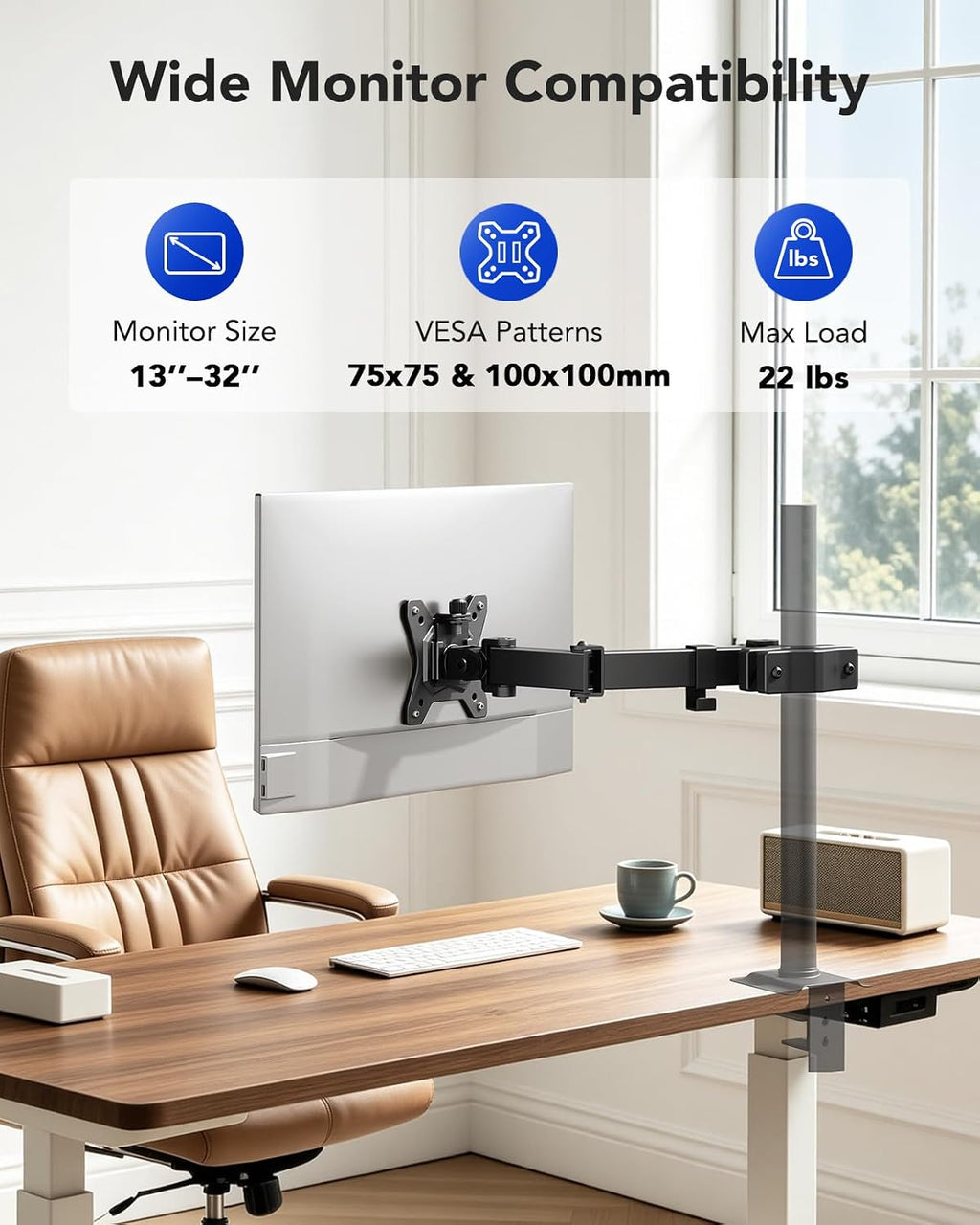HUANUO Universal Full Motion Pole Mount Monitor Arm, Fits 13–32 Inch Screen | VESA Mount Bracket Fits Existing and Desk Pole, Office or Gaming Setup, Rack, RV, Outdoor Pole, 75mm or 100mm, Holds 22 lbs -