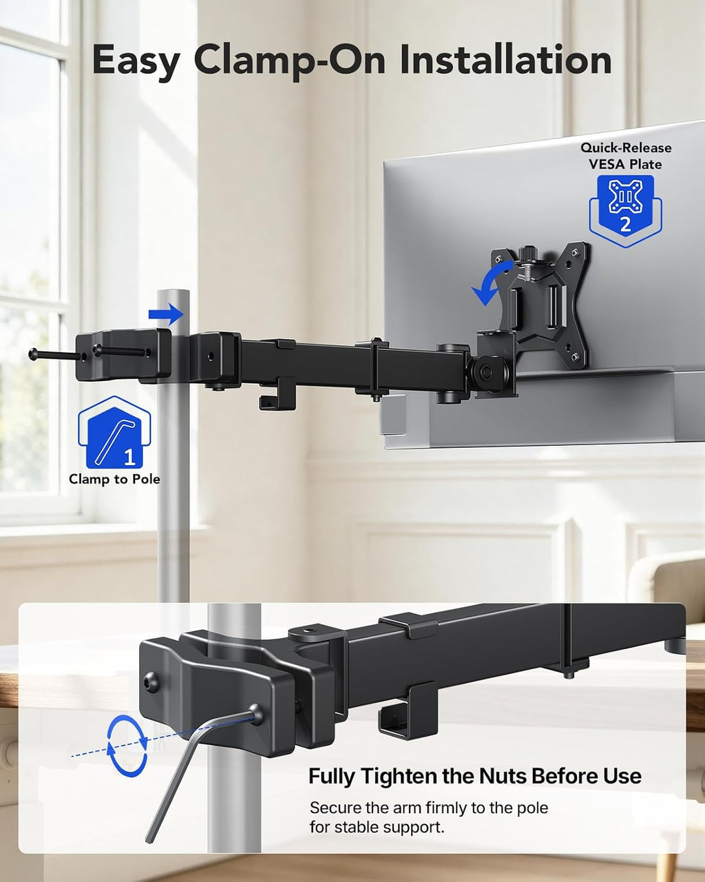 HUANUO Universal Full Motion Pole Mount Monitor Arm, Fits 13–32 Inch Screen | VESA Mount Bracket Fits Existing and Desk Pole, Office or Gaming Setup, Rack, RV, Outdoor Pole, 75mm or 100mm, Holds 22 lbs -