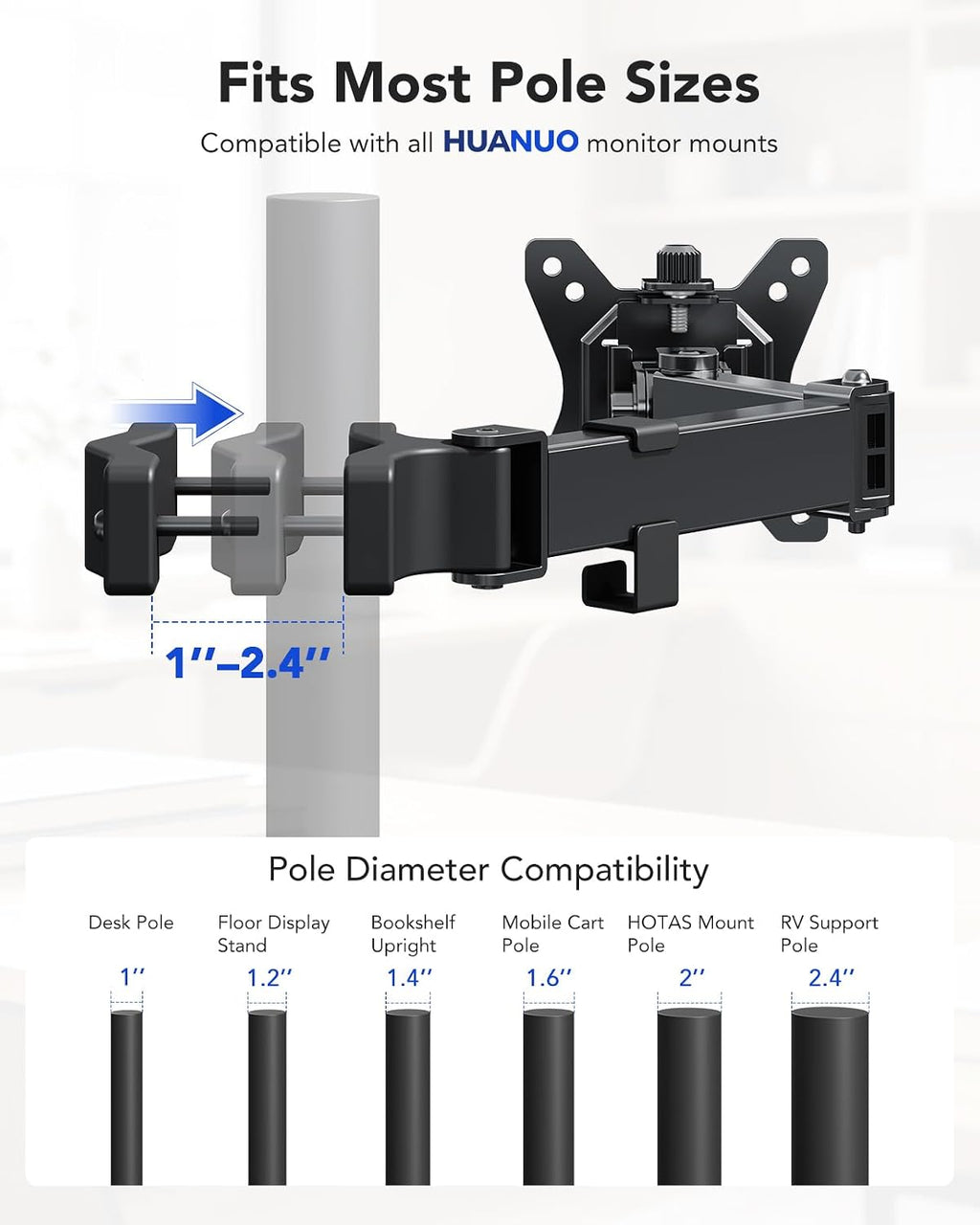 HUANUO Universal Full Motion Pole Mount Monitor Arm, Fits 13–32 Inch Screen | VESA Mount Bracket Fits Existing and Desk Pole, Office or Gaming Setup, Rack, RV, Outdoor Pole, 75mm or 100mm, Holds 22 lbs -