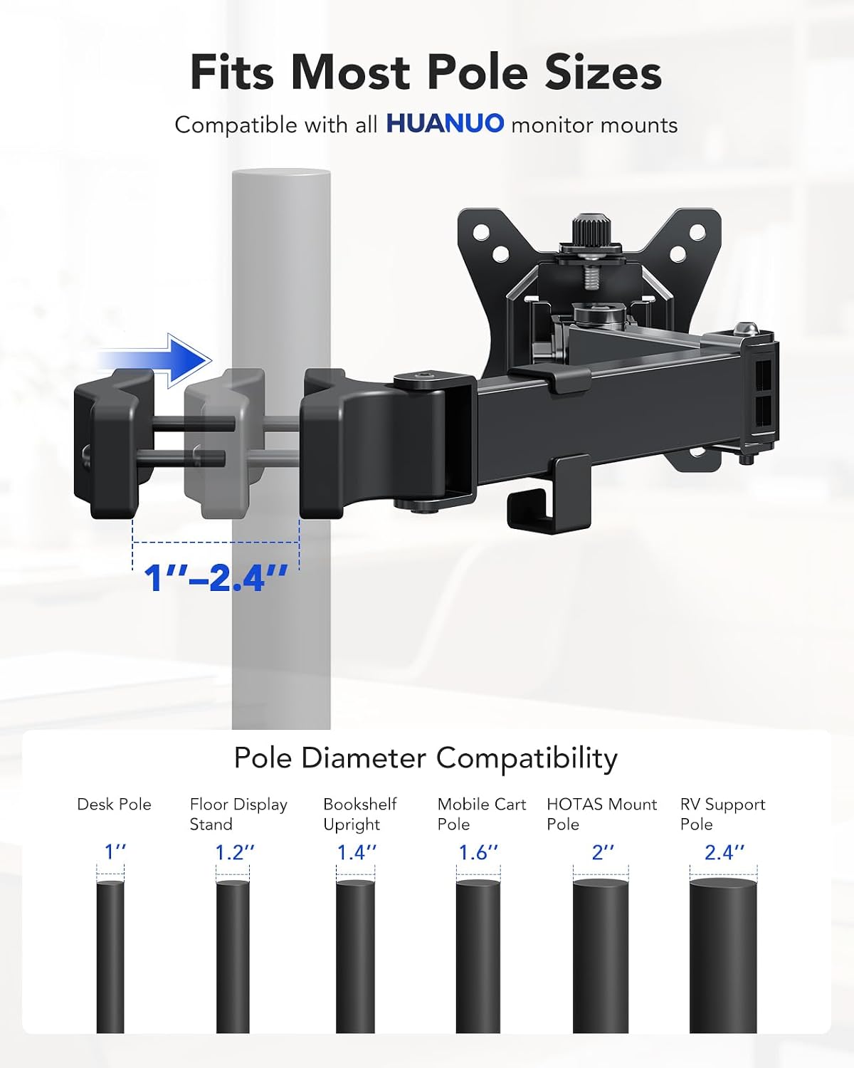 HUANUO Universal Full Motion Pole Mount Monitor Arm, Fits 13–32 Inch Screen | VESA Mount Bracket Fits Existing and Desk Pole, Office or Gaming Setup, Rack, RV, Outdoor Pole, 75mm or 100mm, Holds 22 lbs -