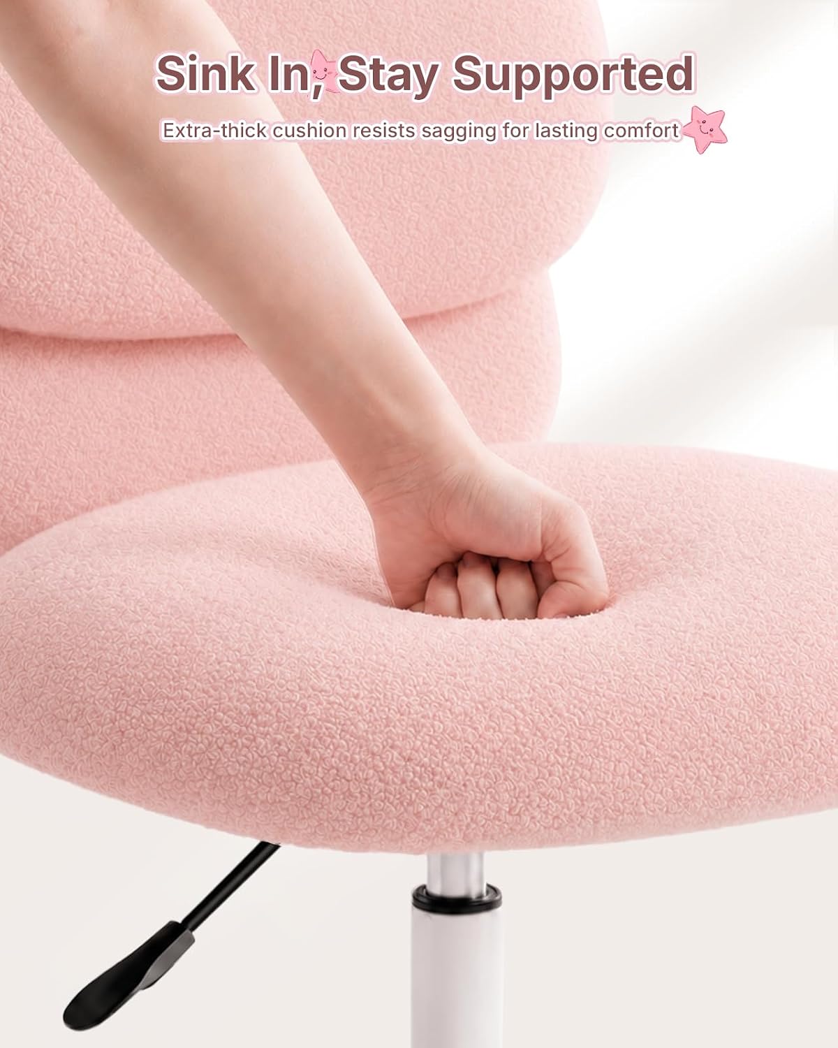 HUANUO Vanity Chair, Cute Desk Chair, Home Office Chair with Wheels, Pink | Soft Teddy Fleece Fabric, Bear Backrest, Thick Cushion, Armless Chair with Wheels, Adjustable Height, 10-Minute Assembly - Pink