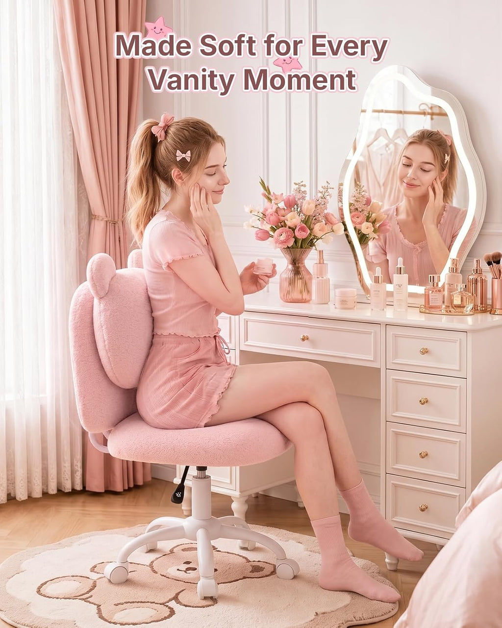 HUANUO Vanity Chair, Cute Desk Chair, Home Office Chair with Wheels, Pink | Soft Teddy Fleece Fabric, Bear Backrest, Thick Cushion, Armless Chair with Wheels, Adjustable Height, 10-Minute Assembly - Pink