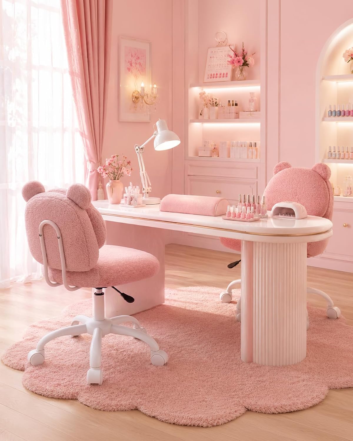 HUANUO Vanity Chair, Cute Desk Chair, Home Office Chair with Wheels, Pink | Soft Teddy Fleece Fabric, Bear Backrest, Thick Cushion, Armless Chair with Wheels, Adjustable Height, 10-Minute Assembly - Pink