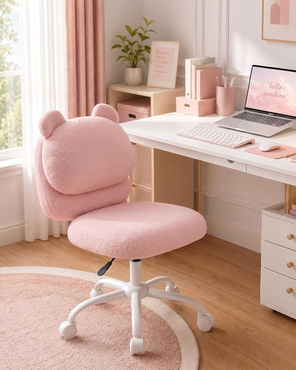 HUANUO Vanity Chair, Cute Desk Chair, Home Office Chair with Wheels, Pink | Soft Teddy Fleece Fabric, Bear Backrest, Thick Cushion, Armless Chair with Wheels, Adjustable Height, 10-Minute Assembly - Pink