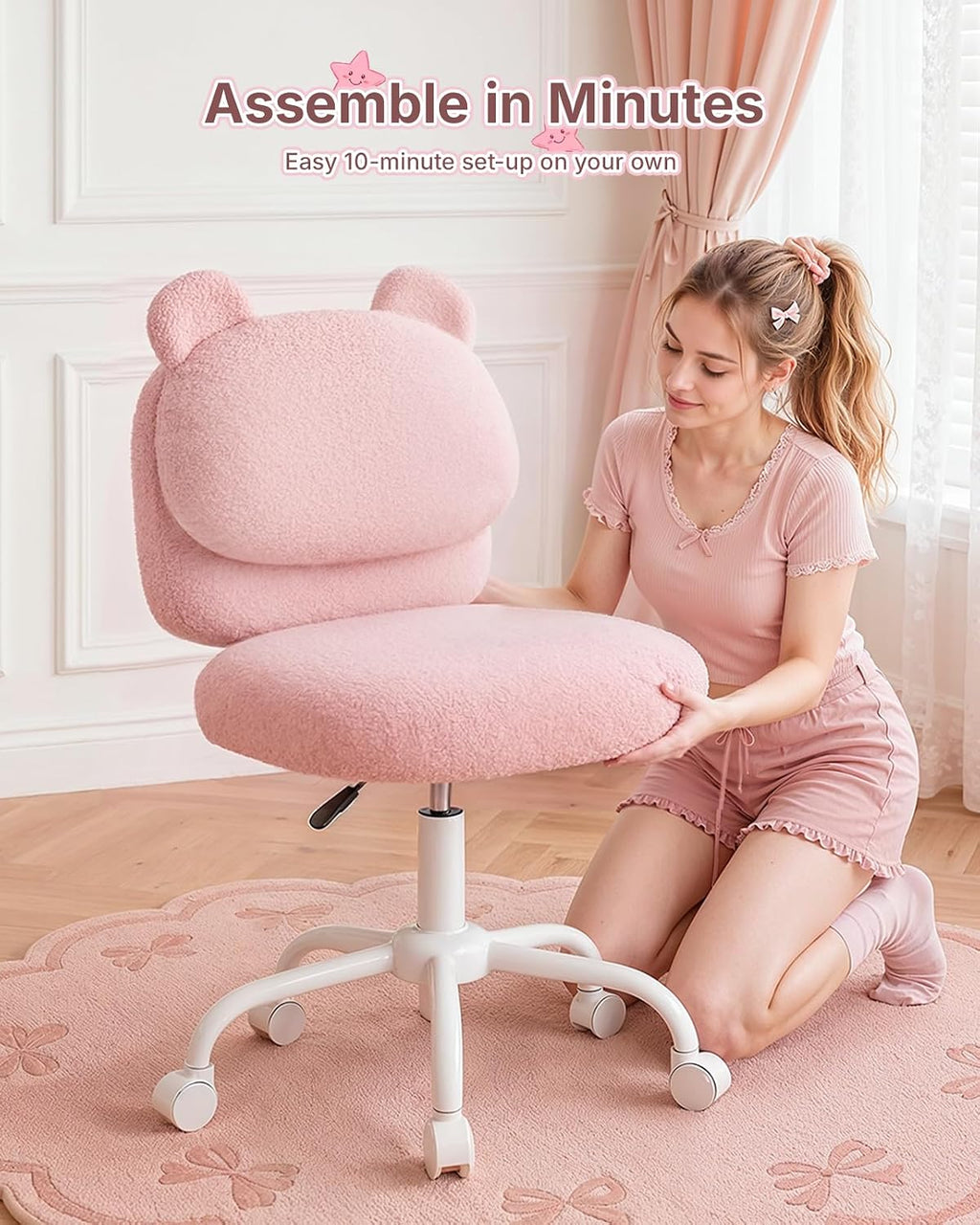 HUANUO Vanity Chair, Cute Desk Chair, Home Office Chair with Wheels, Pink | Soft Teddy Fleece Fabric, Bear Backrest, Thick Cushion, Armless Chair with Wheels, Adjustable Height, 10-Minute Assembly - Pink
