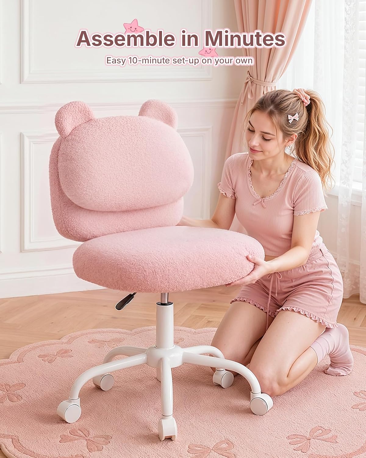 HUANUO Vanity Chair, Cute Desk Chair, Home Office Chair with Wheels, Pink | Soft Teddy Fleece Fabric, Bear Backrest, Thick Cushion, Armless Chair with Wheels, Adjustable Height, 10-Minute Assembly - Pink