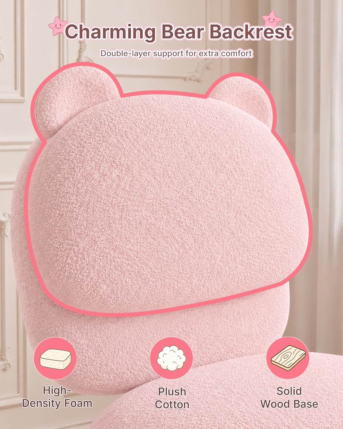HUANUO Vanity Chair, Cute Desk Chair, Home Office Chair with Wheels, Pink | Soft Teddy Fleece Fabric, Bear Backrest, Thick Cushion, Armless Chair with Wheels, Adjustable Height, 10-Minute Assembly - Pink
