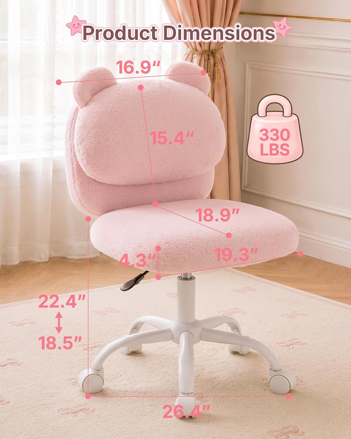 HUANUO Vanity Chair, Cute Desk Chair, Home Office Chair with Wheels, Pink | Soft Teddy Fleece Fabric, Bear Backrest, Thick Cushion, Armless Chair with Wheels, Adjustable Height, 10-Minute Assembly - Pink