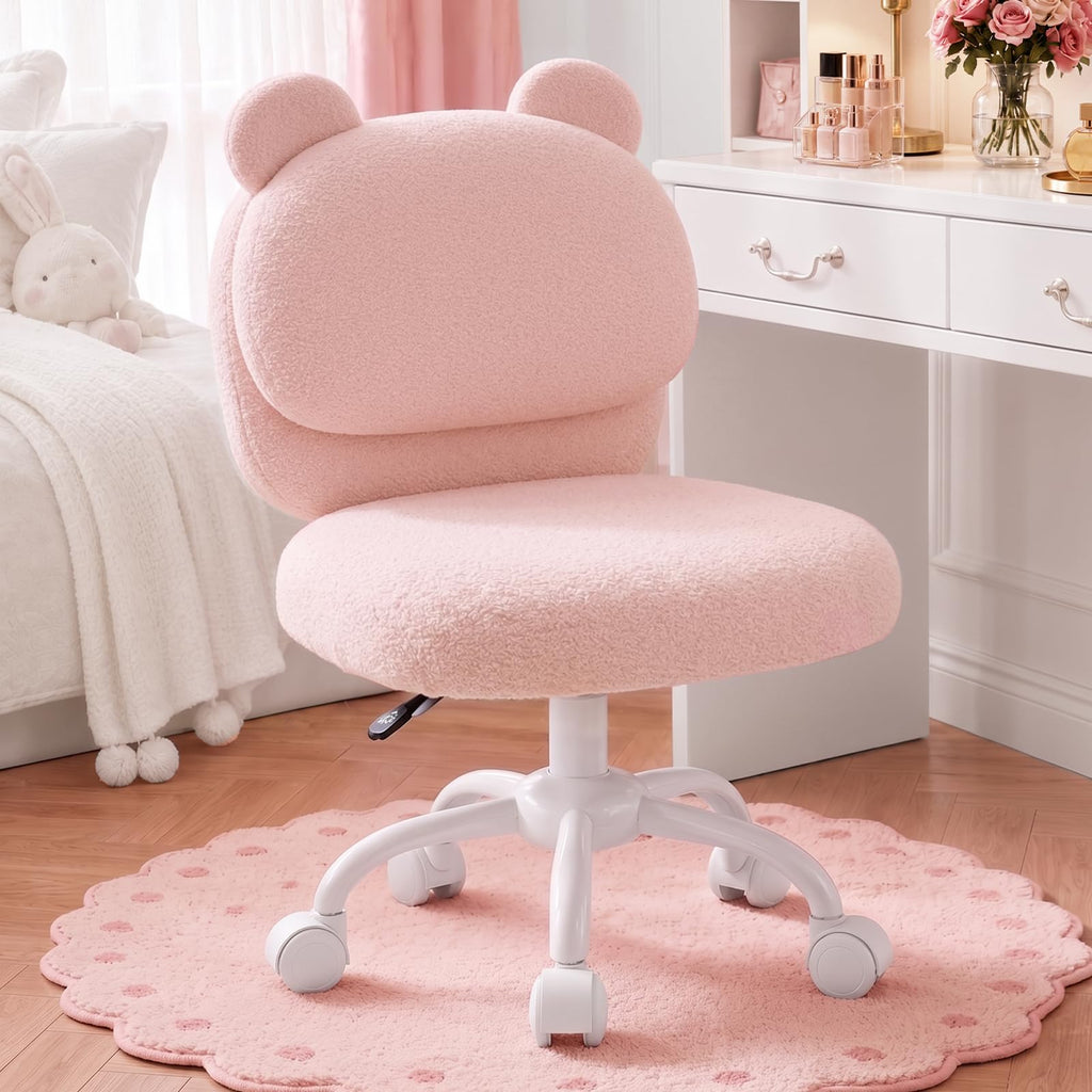 HUANUO Vanity Chair, Cute Desk Chair, Home Office Chair with Wheels, White | Teddy Fleece Fabric, Bear Backrest, Thick Cushion, Armless Chair with Wheels, Adjustable Height, 10-Minute Assembly - Pink