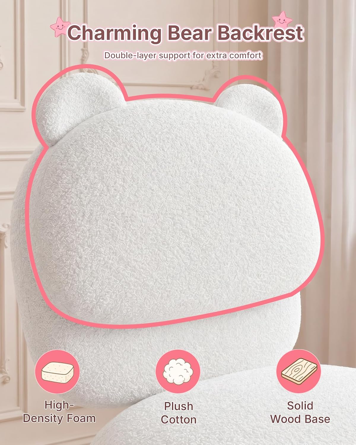HUANUO Vanity Chair, Cute Desk Chair, Home Office Chair with Wheels, White | Teddy Fleece Fabric, Bear Backrest, Thick Cushion, Armless Chair with Wheels, Adjustable Height, 10-Minute Assembly - Pink